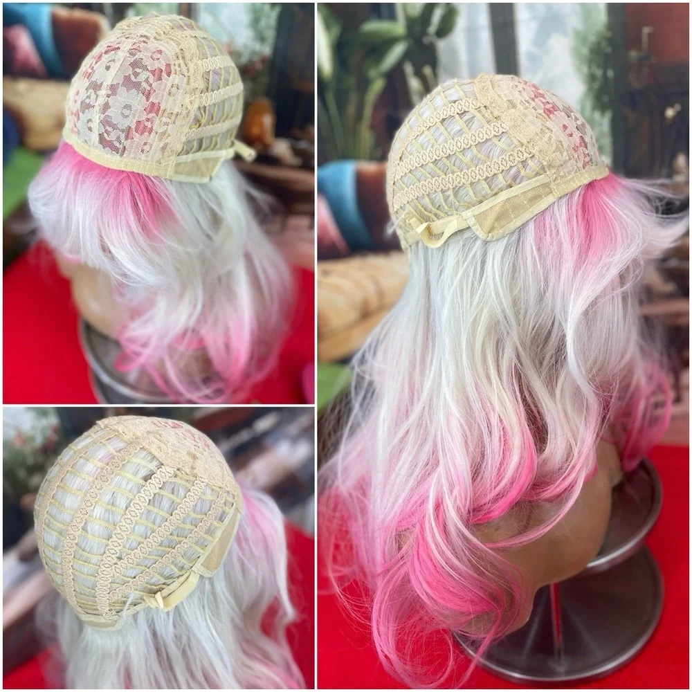White and hot pink wig with bangs